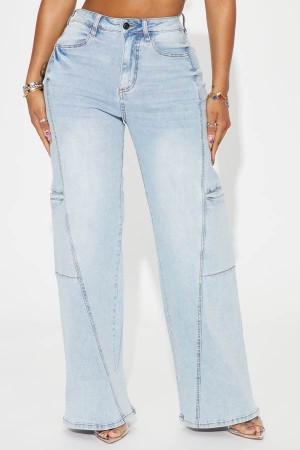 Light Wash Fashion Nova Scrolling Stretch Baggy Women Jeans USA | 386271WTU