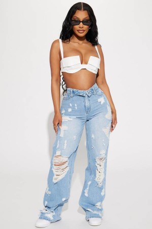 Light Wash Fashion Nova Summer Fling Destroyed Foldover Baggy Women Jeans USA | 687024MDO