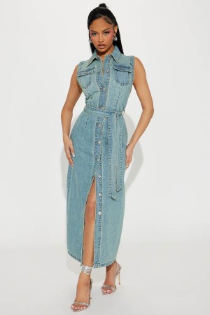 Light Wash Fashion Nova Tennessee Denim Maxi Women Dress USA | 206854PKN