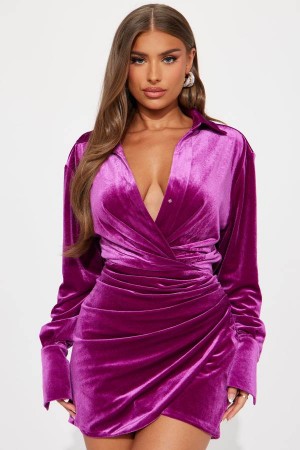 Magenta Fashion Nova Aria Velvet Mini Shirt Women Dress USA | 314720TUV