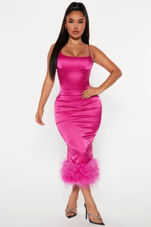 Magenta Fashion Nova Party Night Feather Midi Women Dress USA | 758904ZEB