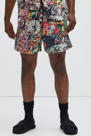 Multicolor Fashion Nova Ed Hardy Tattoo Collage Mesh Men Shorts USA | 290634XOP