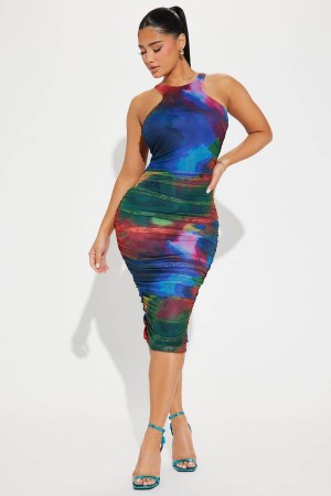 Multicolor Fashion Nova Kaleidoscope Eyes Mesh Midi Women Dress USA | 860715YOL