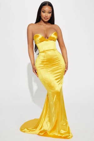 Mustard Fashion Nova Charlotte Shiny Maxi Women Dress USA | 295748JKO