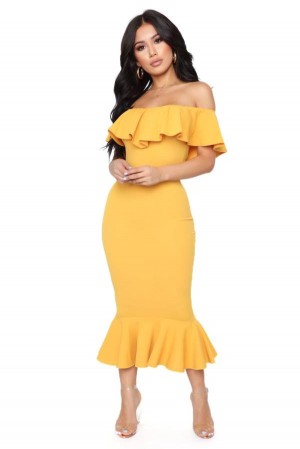 Mustard Fashion Nova Moments Like This Ruffle Women Dress USA | 634598KLE