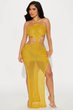 Mustard Fashion Nova Sunsets In Costa Rica Crochet Maxi Women Dress USA | 615308HWJ