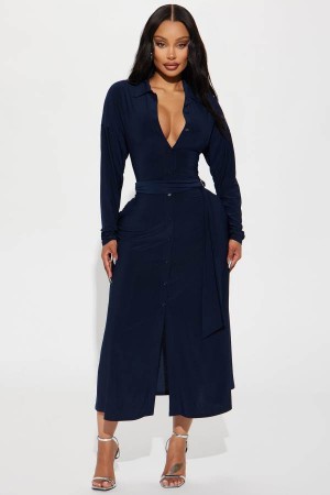 Navy Fashion Nova Elena Button Up Midi Women Dress USA | 853067DXY