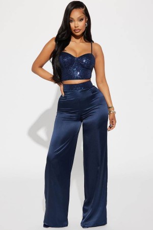 Navy Fashion Nova Full Of Sparkle Satin Pant Set Women Pants USA | 729354KBS