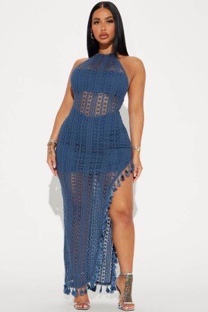 Navy Fashion Nova Havanna Crochet Maxi Women Dress USA | 953607UPG