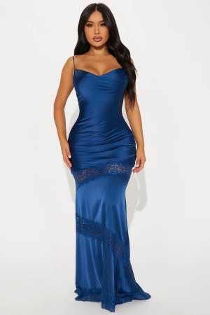 Navy Fashion Nova Inside Out Satin Maxi Women Dress USA | 698547MFG