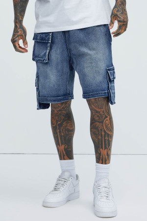 Navy Fashion Nova Kickin' It Cargo Denim Men Shorts USA | 346187ESB