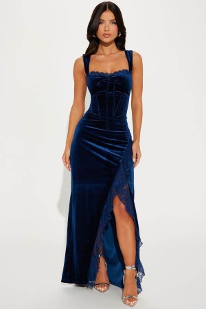 Navy Fashion Nova Sydney Velvet Maxi Women Dress USA | 628175ZYA