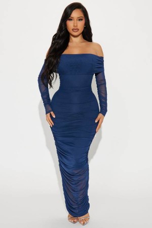 Navy Fashion Nova Top Trend Ruched Maxi Women Dress USA | 506142QYF