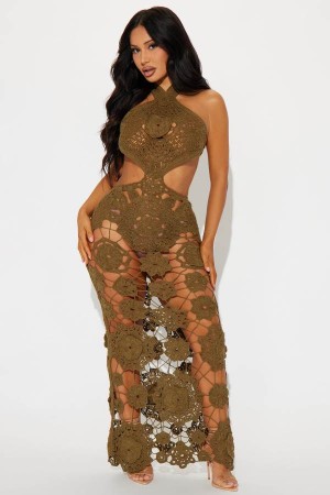 Olive Fashion Nova Arista Crochet Maxi Women Dress USA | 381507XGQ