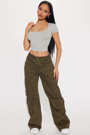 Olive Fashion Nova Crazy About You Wide Leg Cargo Women Pants USA | 715624LIE