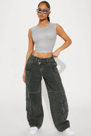 Olive Fashion Nova Crossed Signals Acid Wash Cargo Women Jeans USA | 451968MAQ