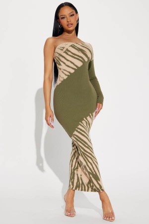 Olive Fashion Nova Elise Ribbed Maxi Women Dress USA | 981425NTU