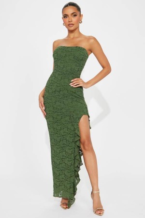 Olive Fashion Nova Elizabeth Lace Maxi Women Dress USA | 409376TCZ