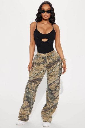 Olive Fashion Nova Feeling Rebellious Mid Rise Camo Cargo Women Pants USA | 041256UMV