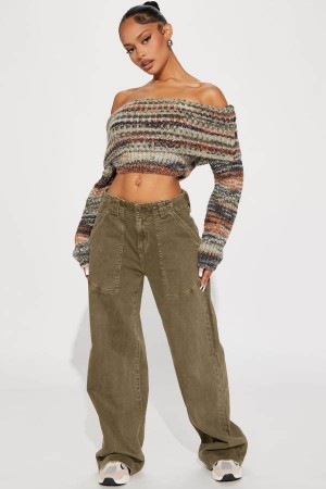 Olive Fashion Nova Genuinely Drop Waist Baggy Utility Women Jeans USA | 342690DQM