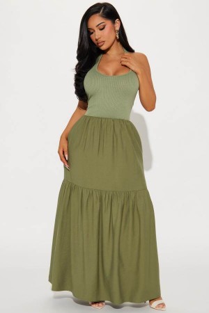 Olive Fashion Nova Helen Ribbed Maxi Women Dress USA | 156084TZX