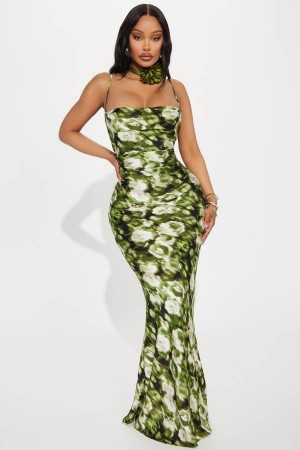 Olive Fashion Nova Hot Date Satin Maxi Women Dress USA | 948652IDK