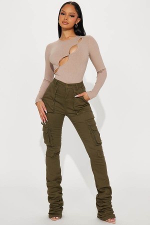 Olive Fashion Nova Just Like That Cargo Stacked Women Pants USA | 963701STN