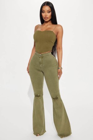 Olive Fashion Nova Mystery Solved Extreme Bell Bottom Women Jeans USA | 546137RIB