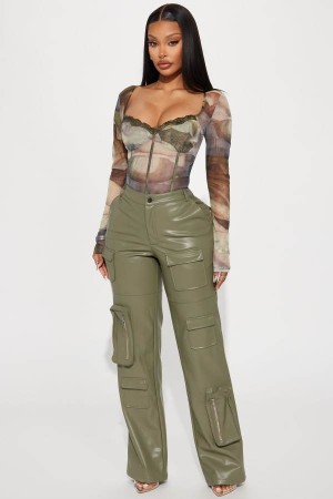 Olive Fashion Nova Never Too Late Faux Leather Cargo Women Pants USA | 392406BNX