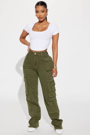 Olive Fashion Nova On Command Stretch Straight Leg Cargo Women Jeans USA | 540683XVC