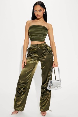 Olive Fashion Nova Perfect Night Satin Pant Set Women Pants USA | 679510XHN