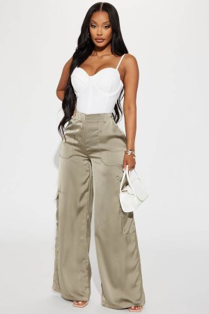 Olive Fashion Nova Pretty Girl Walk Satin Cargo Women Pants USA | 068915QYO