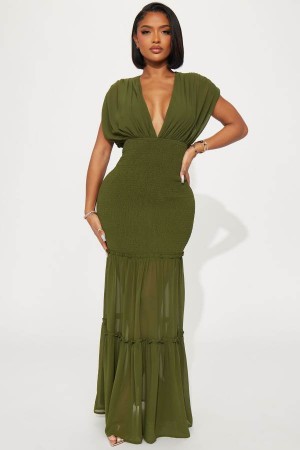 Olive Fashion Nova Sienna Chiffon Maxi Women Dress USA | 097364UZB