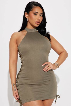 Olive Fashion Nova Steph Lace Up Mini Women Dress USA | 408657BKH