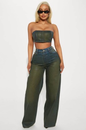 Olive Fashion Nova Switch Up Coated Baggy Women Jeans USA | 697018MPS