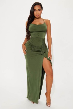 Olive Fashion Nova Vanessa Ruffle Maxi Women Dress USA | 271038TSG