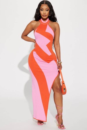 Orange Fashion Nova Abstract Halter Maxi Women Dress USA | 819670ZNU