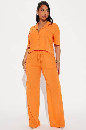 Orange Fashion Nova Breezy Paradise Linen Cover Up Cargo Set Women Pants USA | 358962AXN