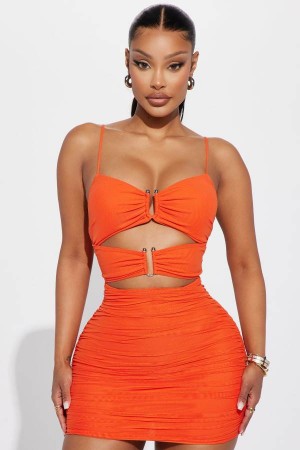 Orange Fashion Nova Gabriella Ruched Mini Women Dress USA | 713425ZBH