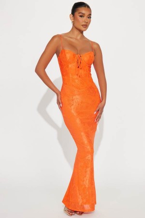 Orange Fashion Nova Georgina Lace Maxi Women Dress USA | 765092CMU