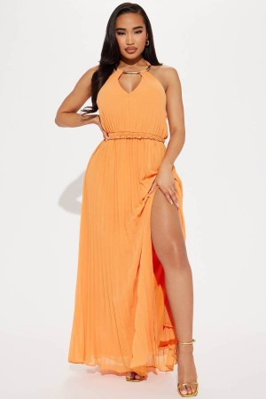 Orange Fashion Nova Hanna Pleated Maxi Women Dress USA | 637045GAV