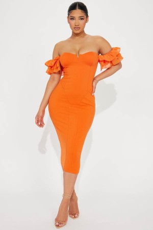 Orange Fashion Nova Maelis Off Shoulder Midi Women Dress USA | 627438MBF