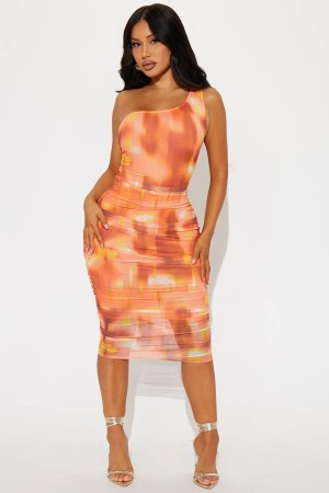 Orange Fashion Nova Orangesicle Mesh Midi Women Dress USA | 169425IHN