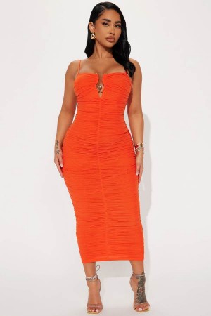 Orange Fashion Nova Priscilla Mesh Maxi Women Dress USA | 978130EDK