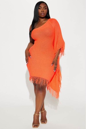 Orange Fashion Nova Taylor Solid Fringe Knit Mini Women Dress USA | 632150STL