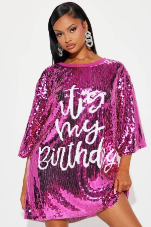 Pink Fashion Nova Birthday Queen Sequin Shirt Women Dress USA | 483265UHC