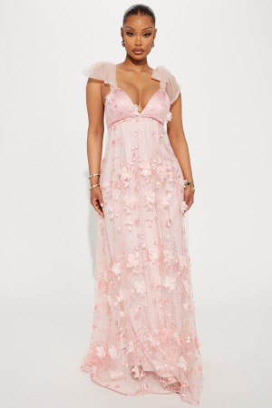 Pink Fashion Nova Blossom Chiffon Maxi Women Dress USA | 768501ULD