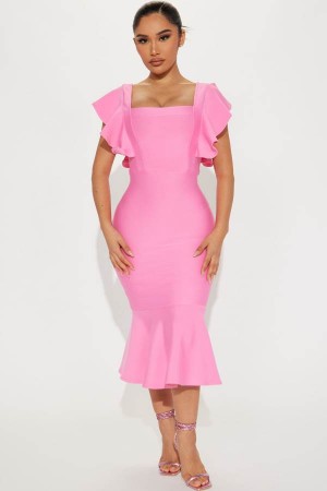 Pink Fashion Nova Elyse Bandage Midi Women Dress USA | 472163QIC