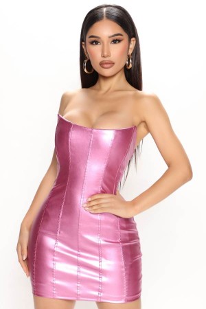 Pink Fashion Nova Hottie Metallic Faux Leather Mini Women Dress USA | 371895WOR