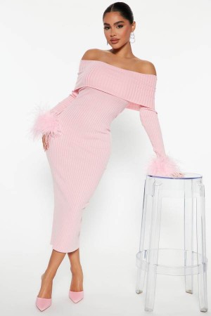 Pink Fashion Nova Legally Perfect Ribbed Midi Women Dress USA | 047258RVB